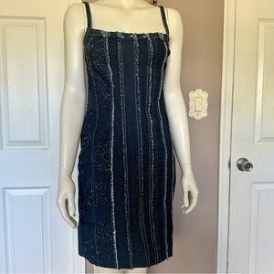 Beaded denim frayed mini dress
